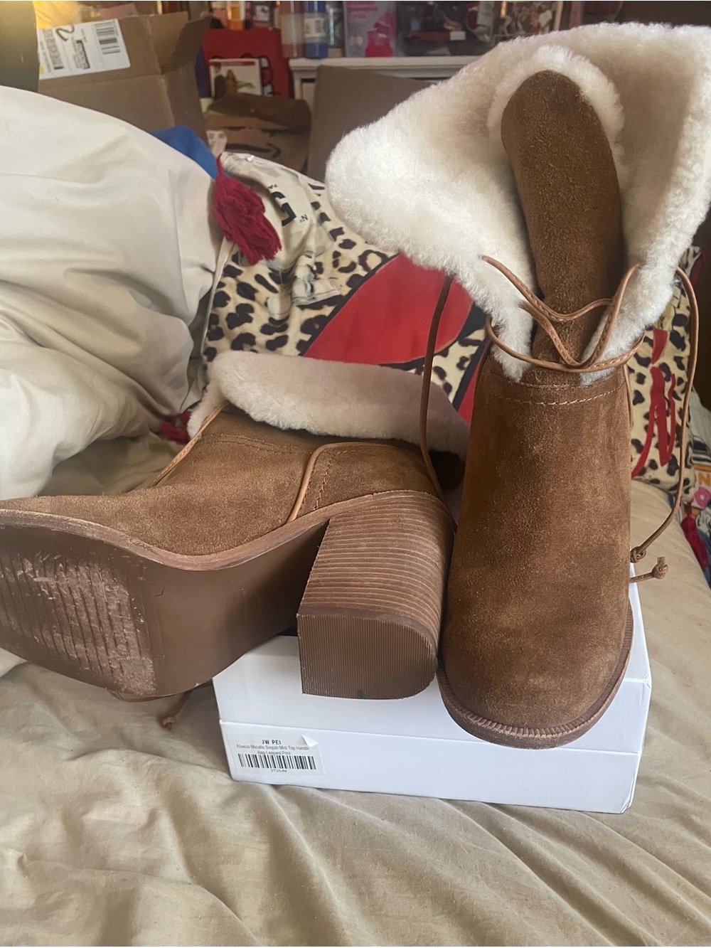 UGG Chestnut Suede Faux-Shearling Block Heel Ankle Boots